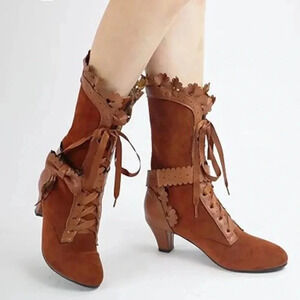 NWT Mid Calf Women boots Mid Heels Lace Up Victorian style cream boots
